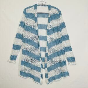 Retro Threads Cardigan Sweater Womens Large Blue White Open Knit Long Sleeves